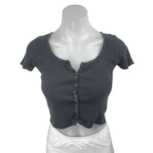 Brandy Melville Black Short Sleeve Ribbed Knit Button Up T Shirt Crop Top Size S